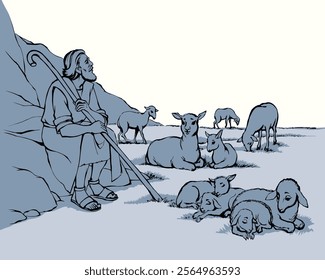 Vector drawing. Shepherd with sheep