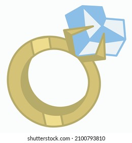 Vector drawing of shiny golden ring with big heart-shaped diamond. Romantic cartoon illustration for Valentine's Day, engagement, wedding.