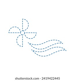 Vector drawing ship propeller and wave. Screw dotted line color blue flat style