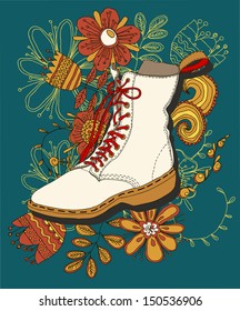 Vector drawing of the shoe on grunge floral background