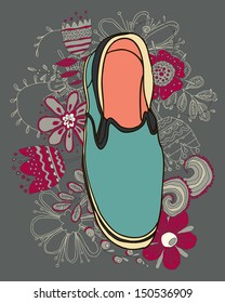 Vector drawing of the shoe on grunge floral background