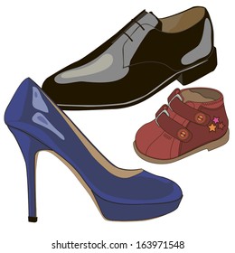 vector drawing shoes for a family on a white background