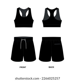 Vector drawing of shorts and drawstring top for boxing, running, swimming, etc. Vector template of sports shorts and sports bra front and back view. Short shorts and black tee sketch