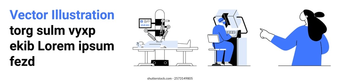 Vector drawing showing a lab with a robot arm, a person working with a screen, and an individual pointing at a board. Ideal for workplace innovation, robotics tech, human-computer interaction, lab