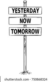 Vector drawing of sign boards with yesterday, now, tomorrow business text.