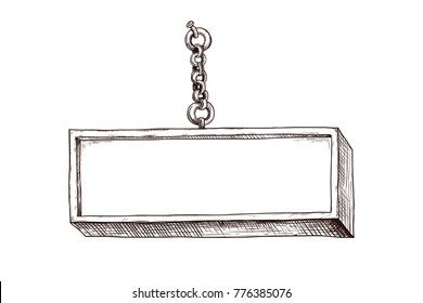 Vector Drawing Of A Signboard  Hanging On A Chain. Isolated Hand-drawn  Illustration In Vintage Style.