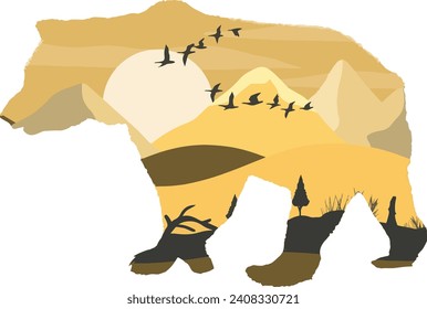 Vector drawing silhouette of a bear and mountains. Template for sticker, print for clothing on the theme of travel, camping, adventure, wildlife. Vector file, design elements.