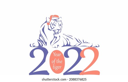 vector drawing of a silhouette of a Chinese tiger in 2022 with a New Year's hat in trendy colors, a simple hand-drawn Asian element for a poster, brochure, banner, calendar, isolated illustration on a