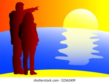 Vector dibujando parejas de siluetas en el mar al atardecer