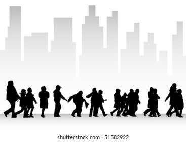 Vector drawing silhouette crowds childrens on street