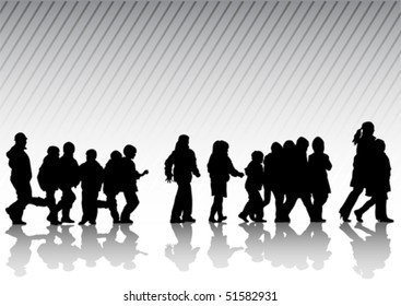 Vector drawing silhouette crowds childrens on street