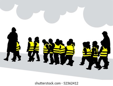 Vector drawing silhouette crowds childrens on street