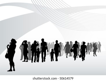 Vector drawing silhouette crowds in interior