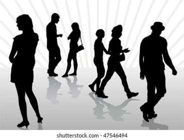 Vector drawing silhouette crowds on street