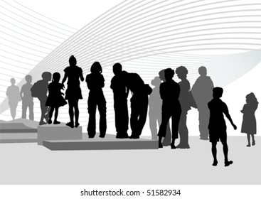 Vector drawing silhouette crowds on street