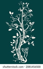 Vektorgrafik von Silhouette geschwungenen jungen Fantasiebaum mit Blättern, Wurzeln und Ästen
