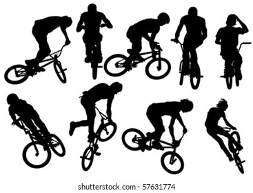 Vector drawing silhouette of a cyclist boy and girl. Silhouette of people