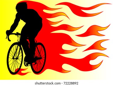 Vector drawing silhouette of a cyclist boy in fire