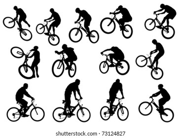 Vector drawing silhouette of a cyclist boy. Silhouette of people