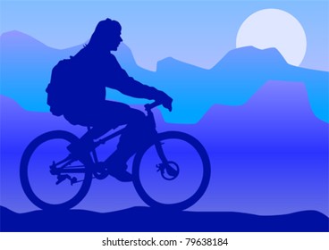 Vector drawing silhouette of a cyclist boy on moon
