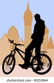 Vector drawing silhouette of a cyclist boy in city