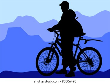 Vector drawing silhouette of a cyclist boy. Silhouette of people