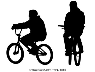Silueta de dibujo vectorial de un niño ciclista. Silhouette de gente