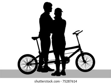 Vector drawing silhouette of a cyclist boys and girls