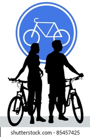 Vector drawing silhouette of a cyclist boys and girls