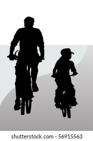 Vector drawing silhouette of a cyclist father and son. Silhouette of people