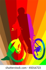 Vector drawing silhouette of a cyclist in rainbow