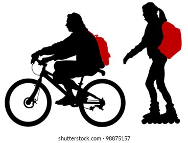 Silueta vectorial de dibujo de ciclista y rodillo