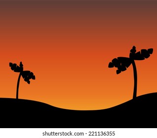 Vector drawing. Silhouette of desert with palm trees at sunset