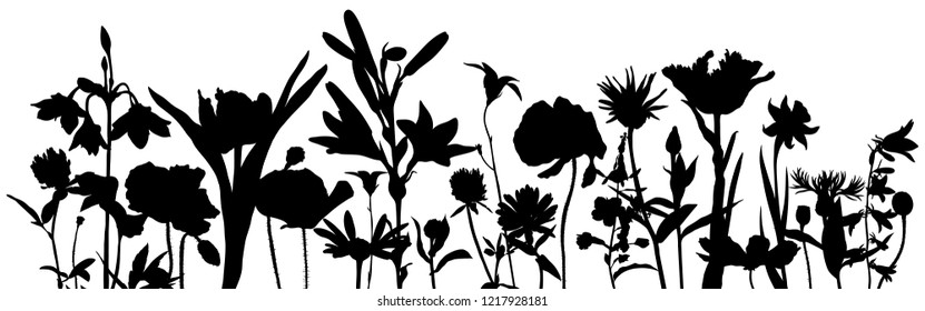 vector drawing silhouette of flowers, floral composition, hand drawn illustration