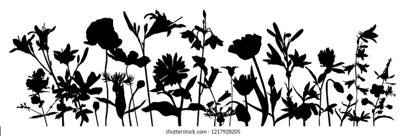 vector drawing silhouette of flowers, floral composition, hand drawn illustration