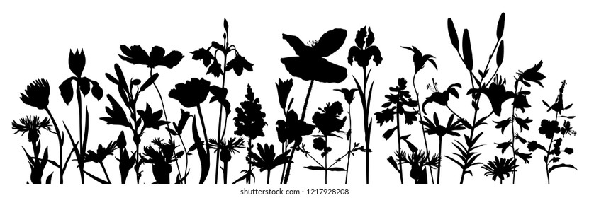 vector drawing silhouette of flowers, floral composition, hand drawn illustration