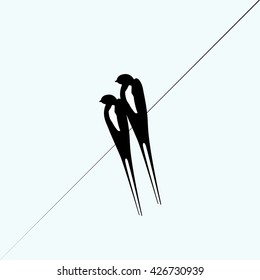 Vector drawing silhouette flying swallows.
Â  Swallows on a blue background, black silhouettes on white fone.iskusstvo, elegantly, two swallows, love
