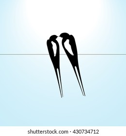 Vector drawing silhouette flying swallows.
Â  Swallows on a blue background, black silhouettes on white background, elegantly, two swallows, love, eps10 Vector illustration
