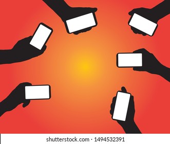 vector drawing silhouette hand  holding mobile phone.