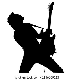 Vector drawing. Silhouette of man with electric guitar.