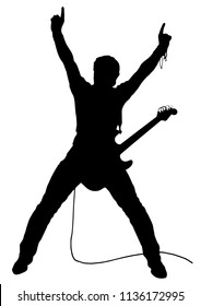 Vector drawing. Silhouette of man with electric guitar.