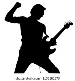 Vector drawing. Silhouette of man with electric guitar.