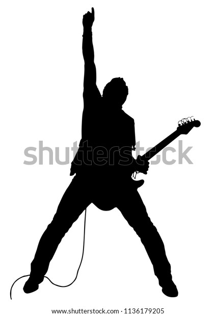 Vector\
drawing. Silhouette of man with electric\
guitar.