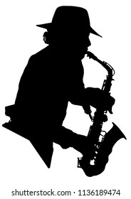 Vector drawing. Silhouette of a man with a saxophone. Saxophonist.