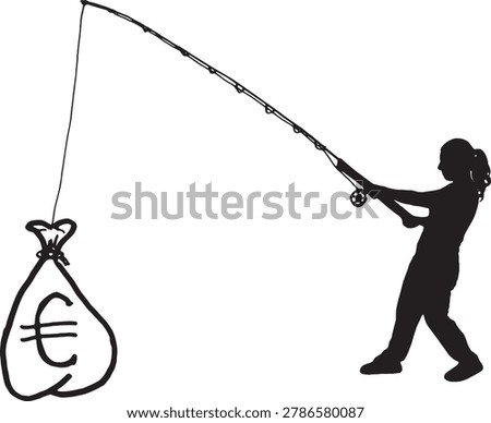 vector, Drawing of a silhouette of a real woman fishing for a bag of euro money
