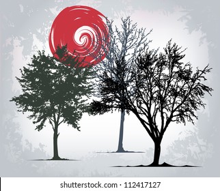 Vector drawing of the silhouette of three trees and red sun.