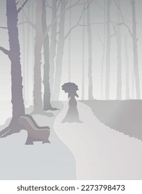 Vector drawing Silhouette of a woman in a foggy alley