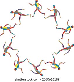Vector drawing of silhouettes abstract colorful running human figures in circle