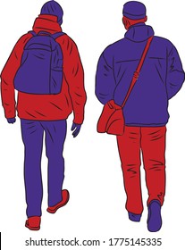 Vector drawing of silhouettes casual townsmen walking along street