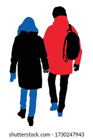 Vector drawing of silhouettes couple citizens walking along street together